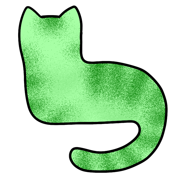 green silhouette of a cat lying down with its head up and tail curved below. it has dark blurry stripes, as if viewed from behind frosted glass